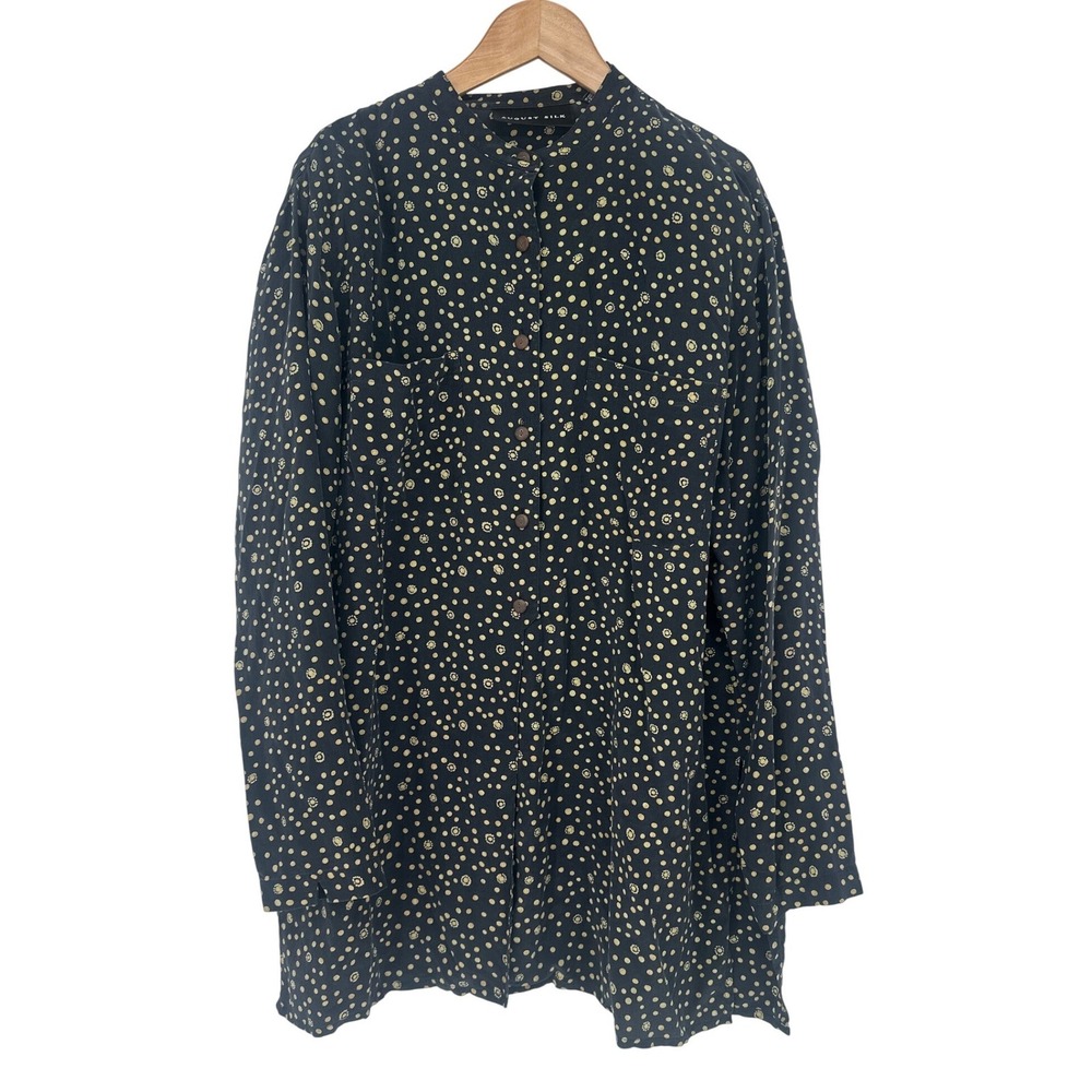 August Silk Mandarin Top Women L Black Polka Dot 100% Silk Quiet Luxury Office